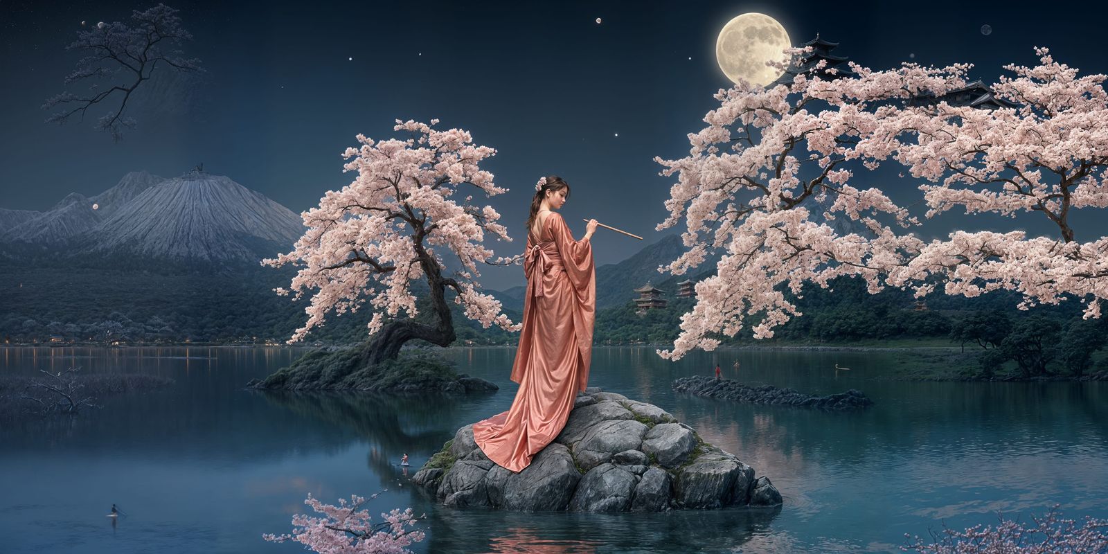 Sakura Tree, Lake, and Kimono Lady in Romantic Setting