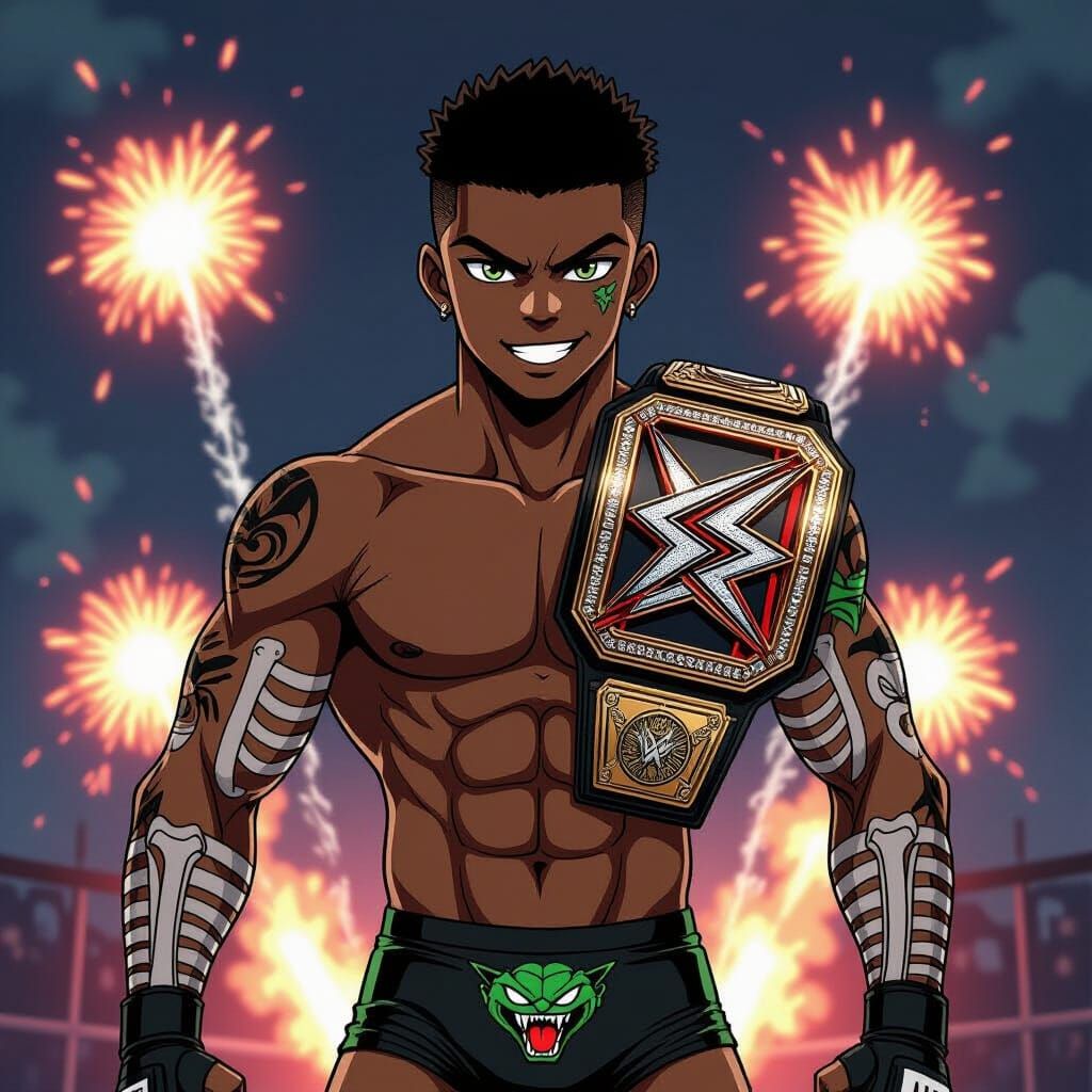 Anime Wrestler with Viper Tattoos and Championship Belt