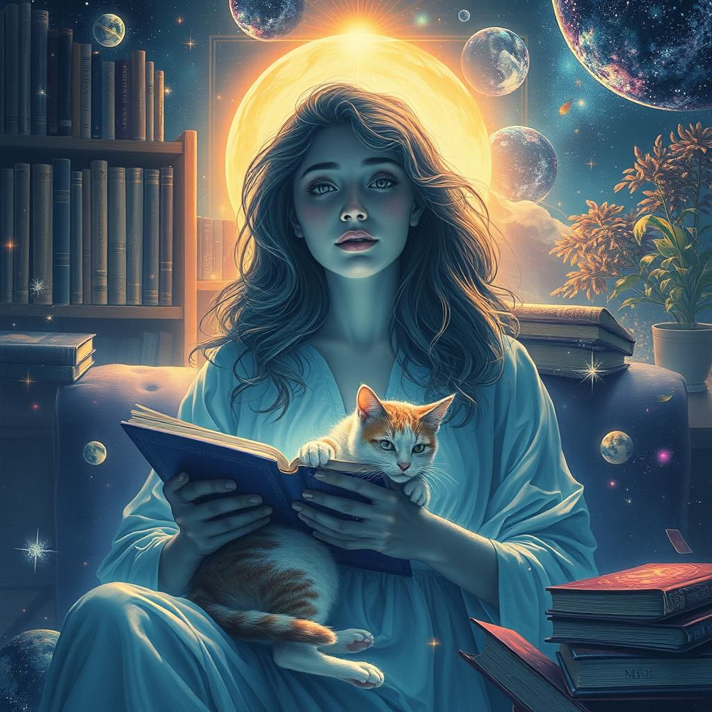 Cosmic Holographic Illustration of Woman, Cat and Books
