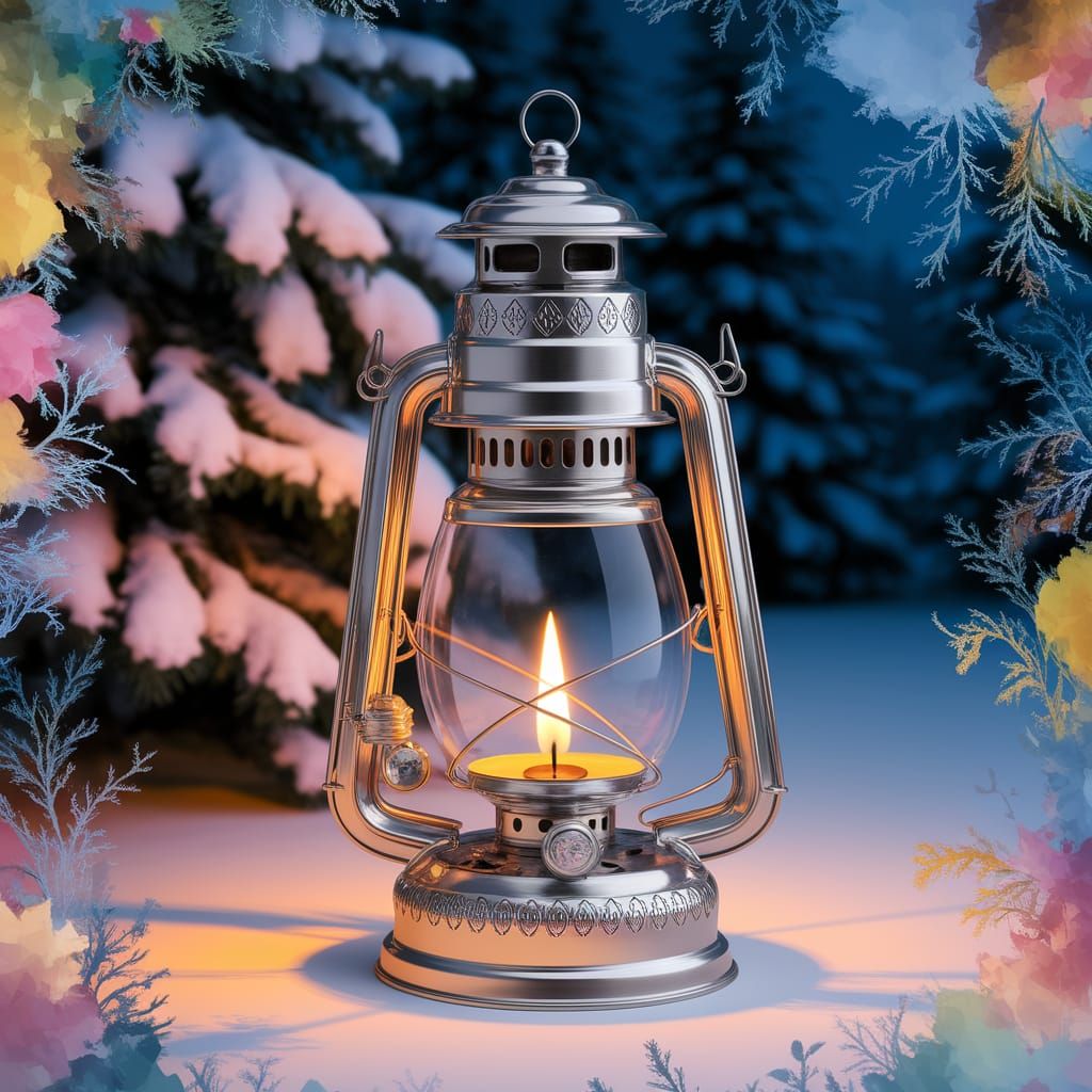 Silver Fabergé Lantern in Winter Night, Double Exposure