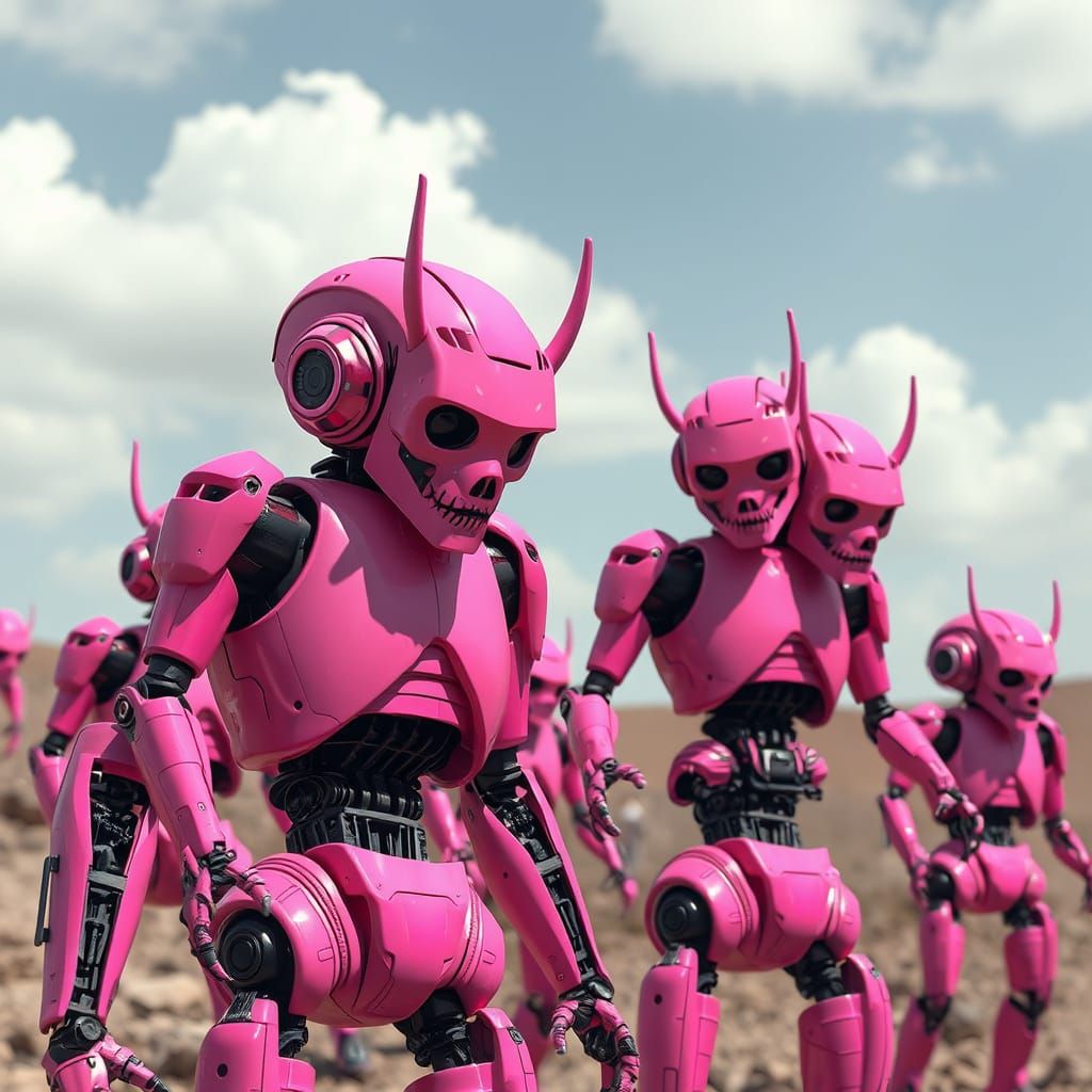 Eerie Pink Robots Confront the Future