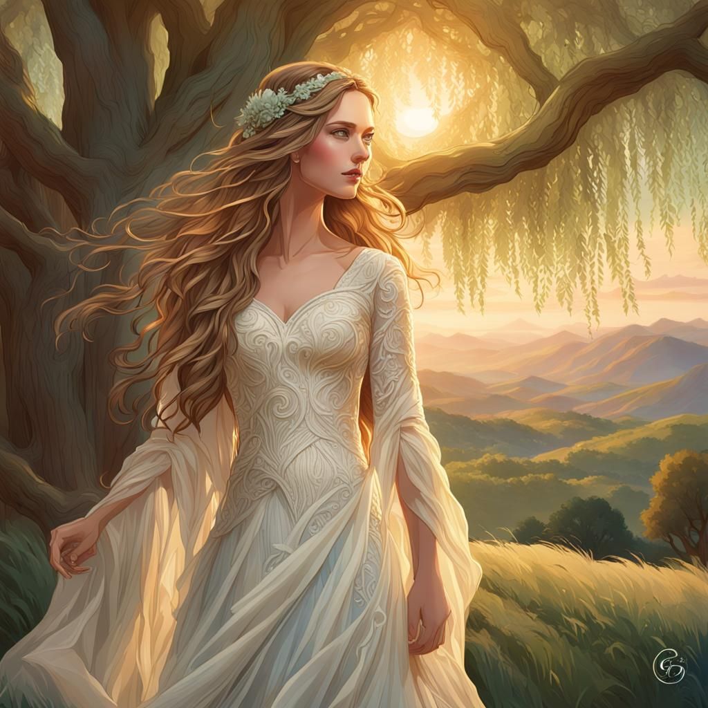 Bride in Cream Dress Under Weeping Willow Tree