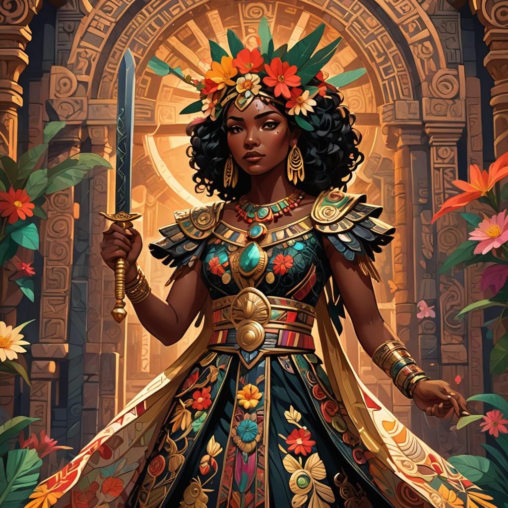 Anime Girl in Mayan Temple with Obsidian Sword
