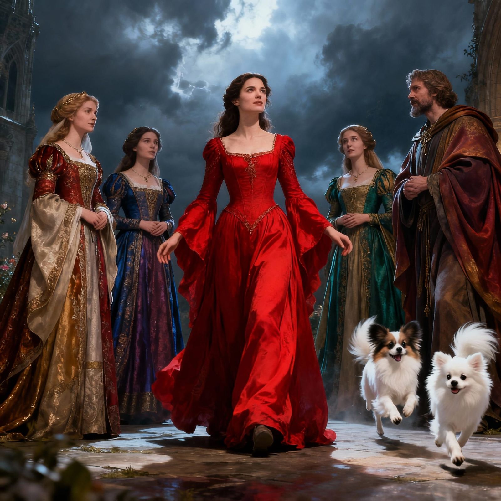 Medieval Scene with Woman in Red Dress and Papillon Dogs