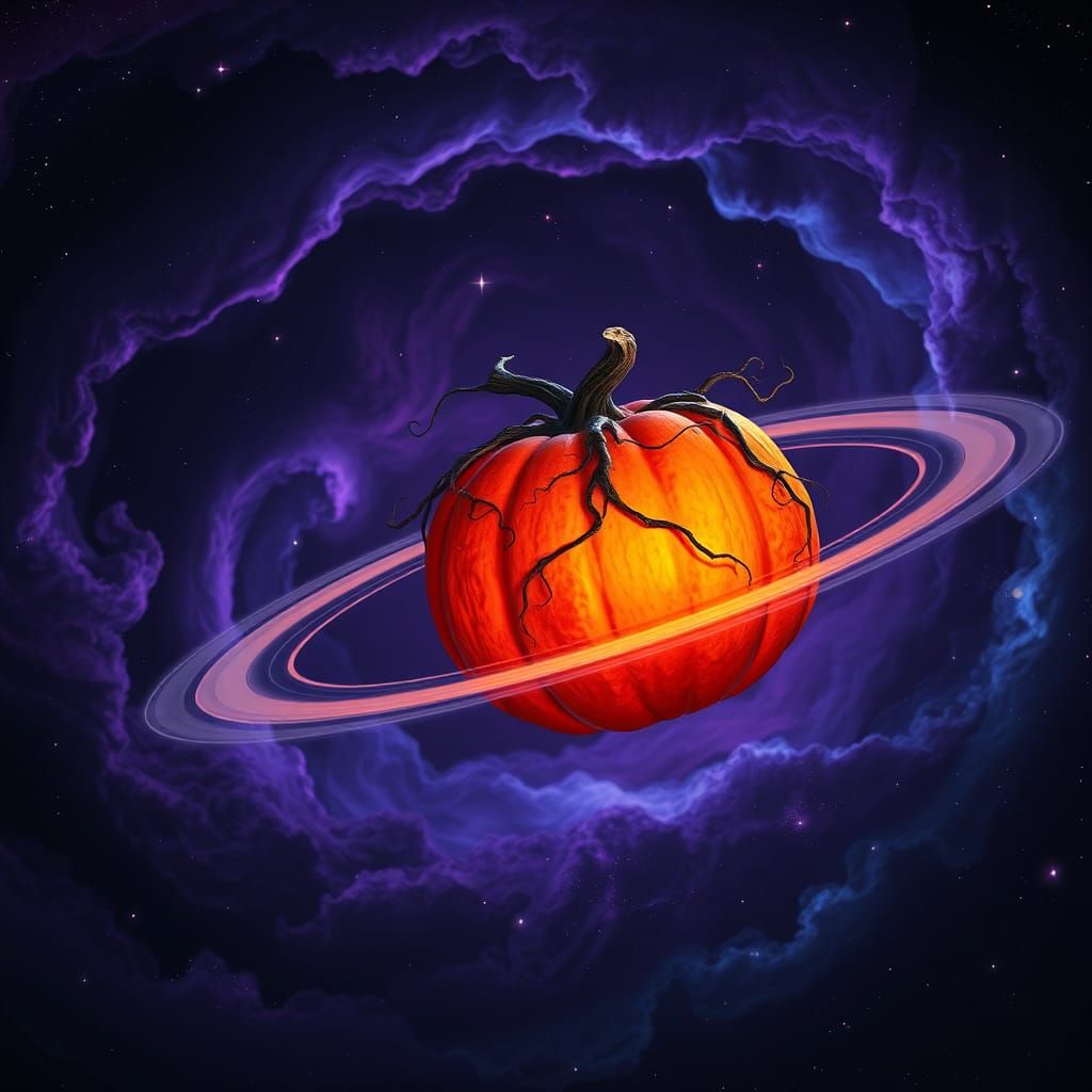 Cosmic Pumpkin Haunts Saturn in Surreal Style