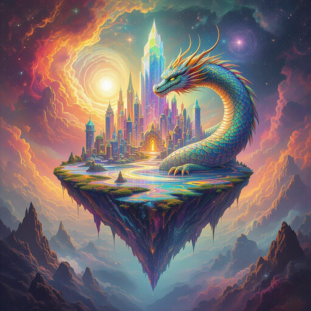 Colossal Dragon on Crystal Island in Nebula