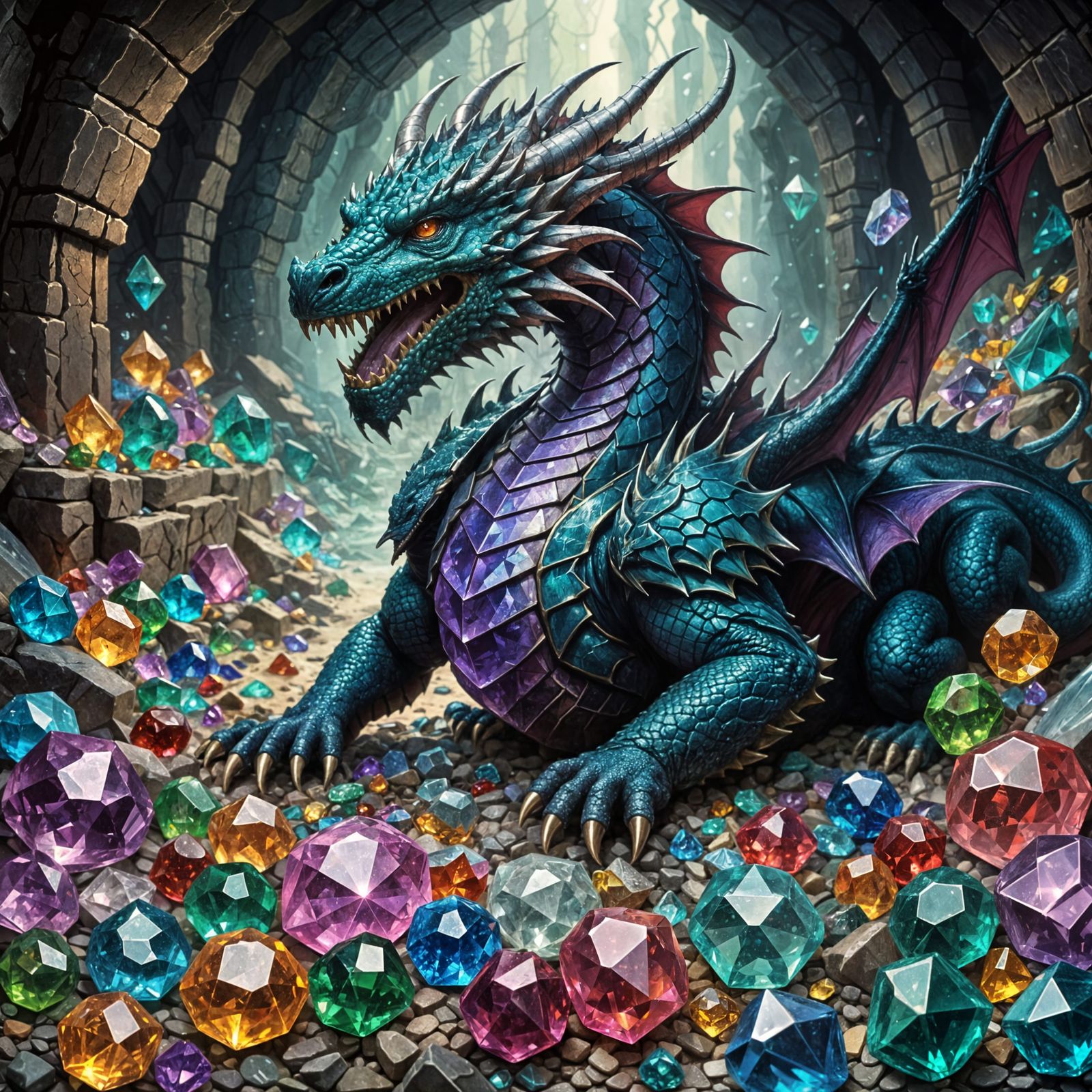Surreal Crystal Dragon Guards Treasure Hoard