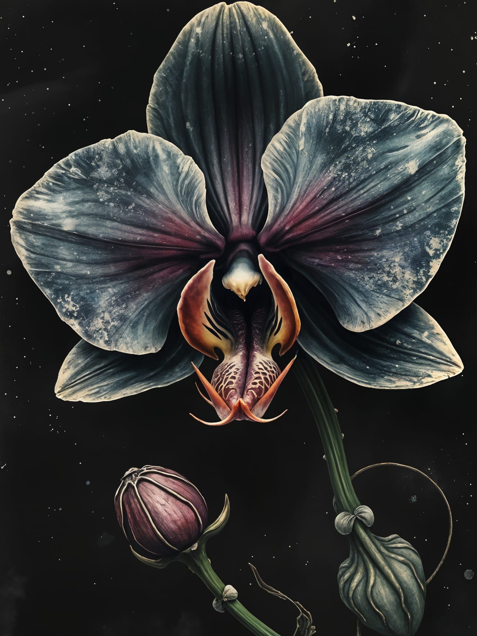 Macabre Black Orchid Blooms in a Vintage Nightmare