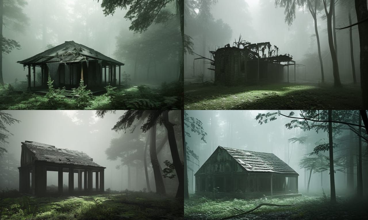 Abandoned Ruin in Forest: Hyperdetailed Charcoal Drawing