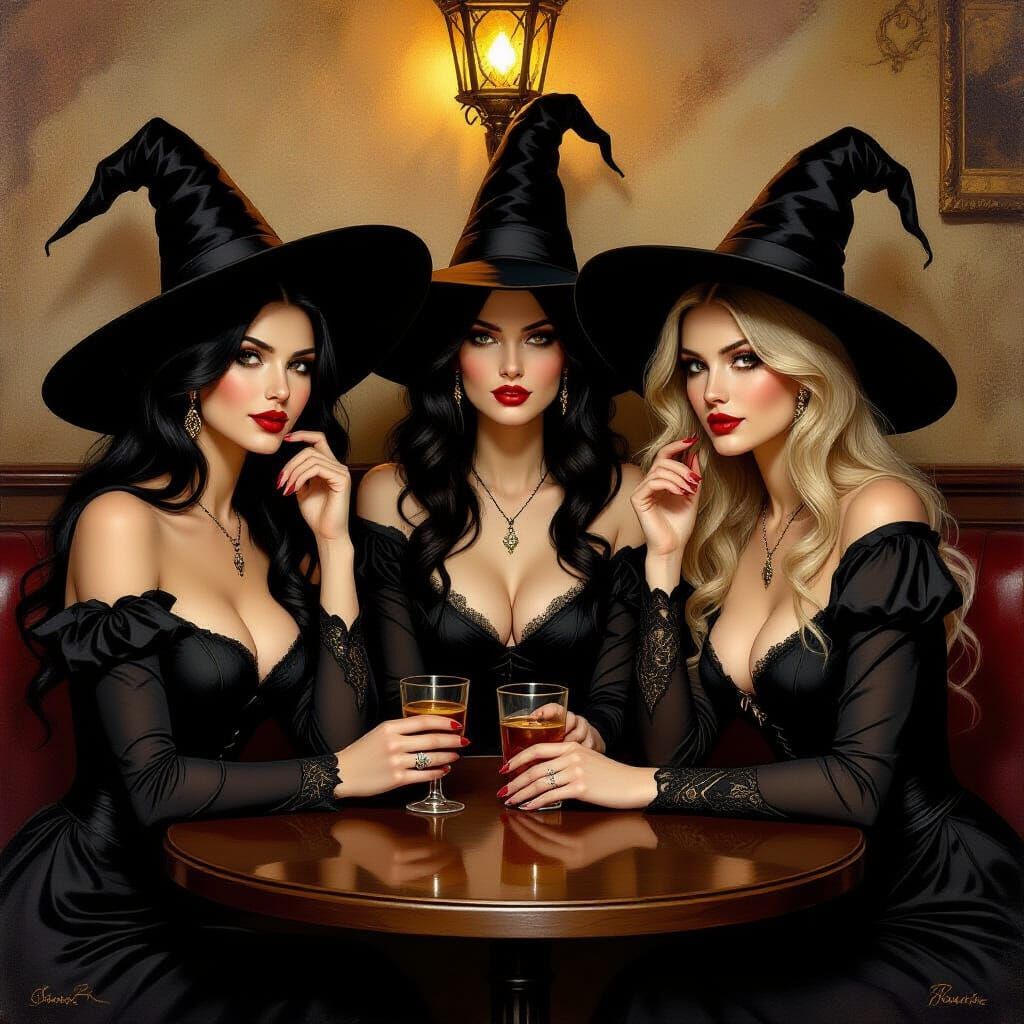 Elegant Witches Enjoy Drinks at Bar in Oil Painting Style