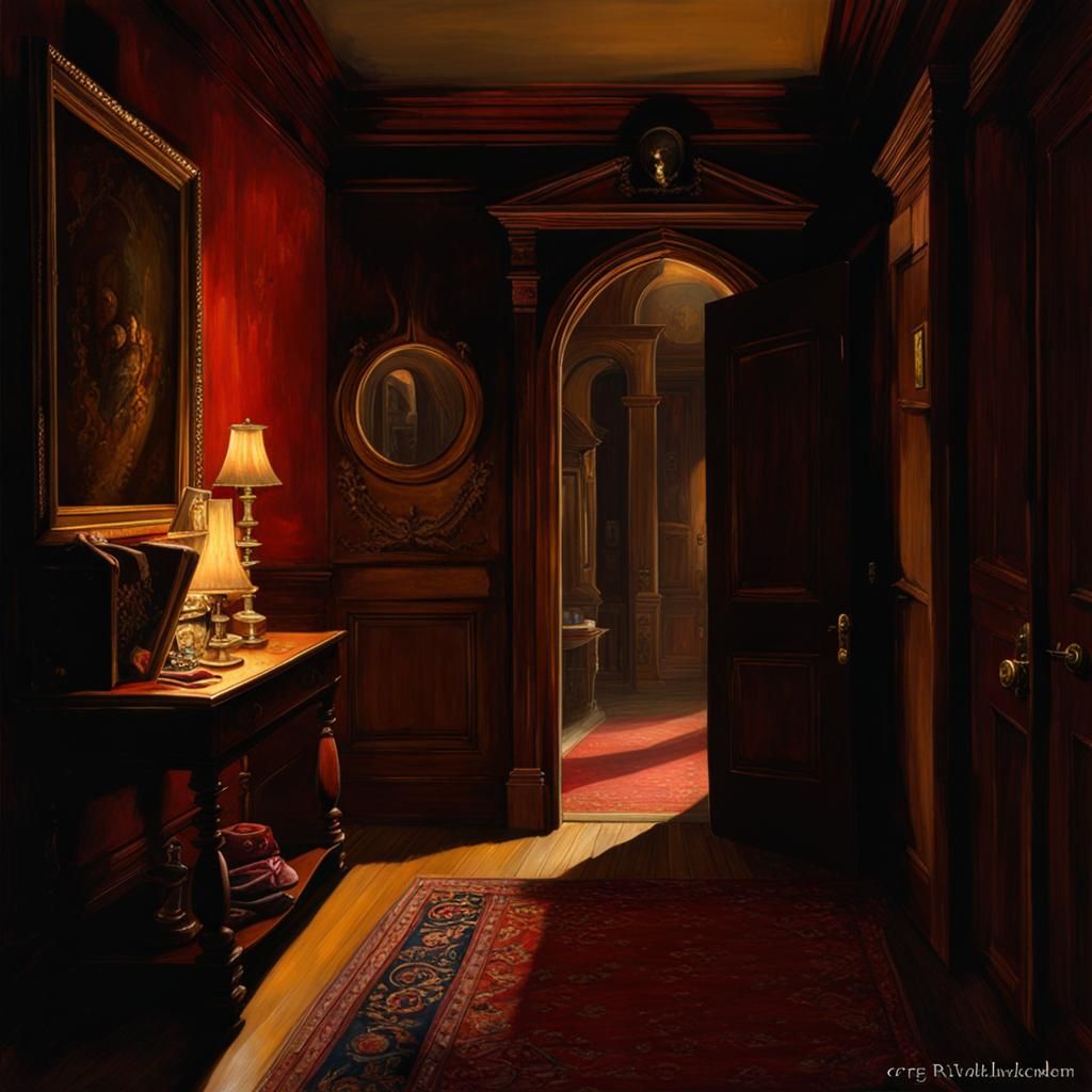 Spooky Mansion Hallway with Shadows, Dark Fantasy Art