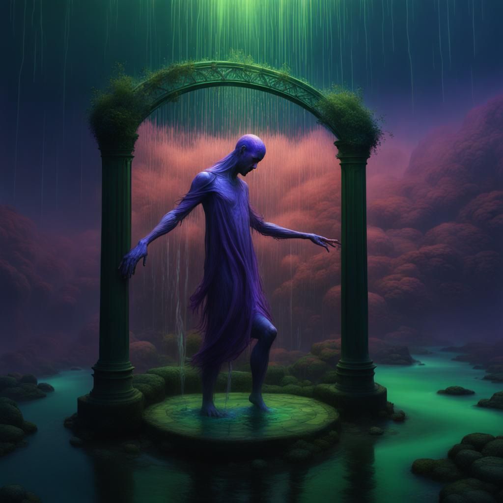 Beksiński-Style Figure in Wind and Water