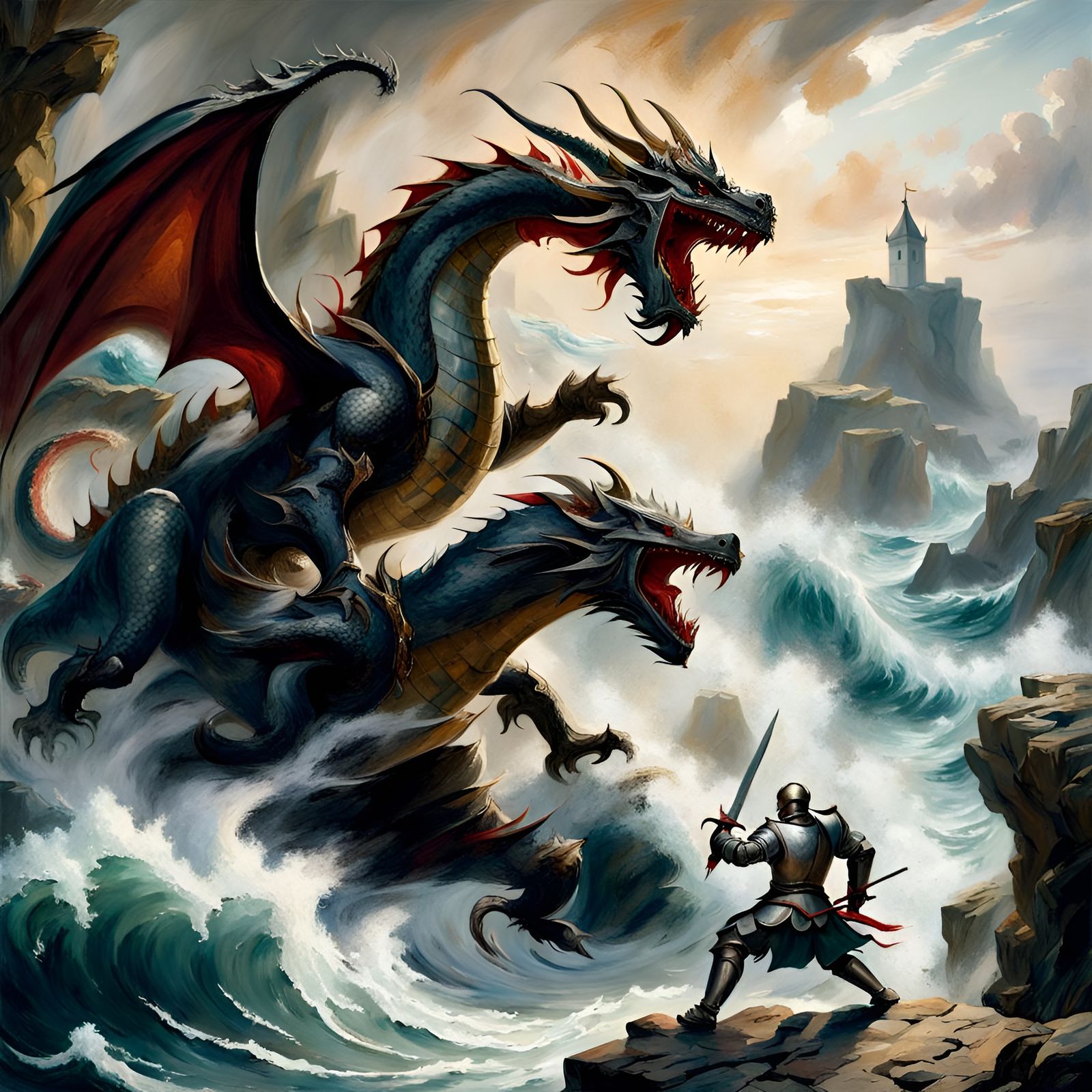 Knight vs. Dragon: A Romantic Cliffside Battle