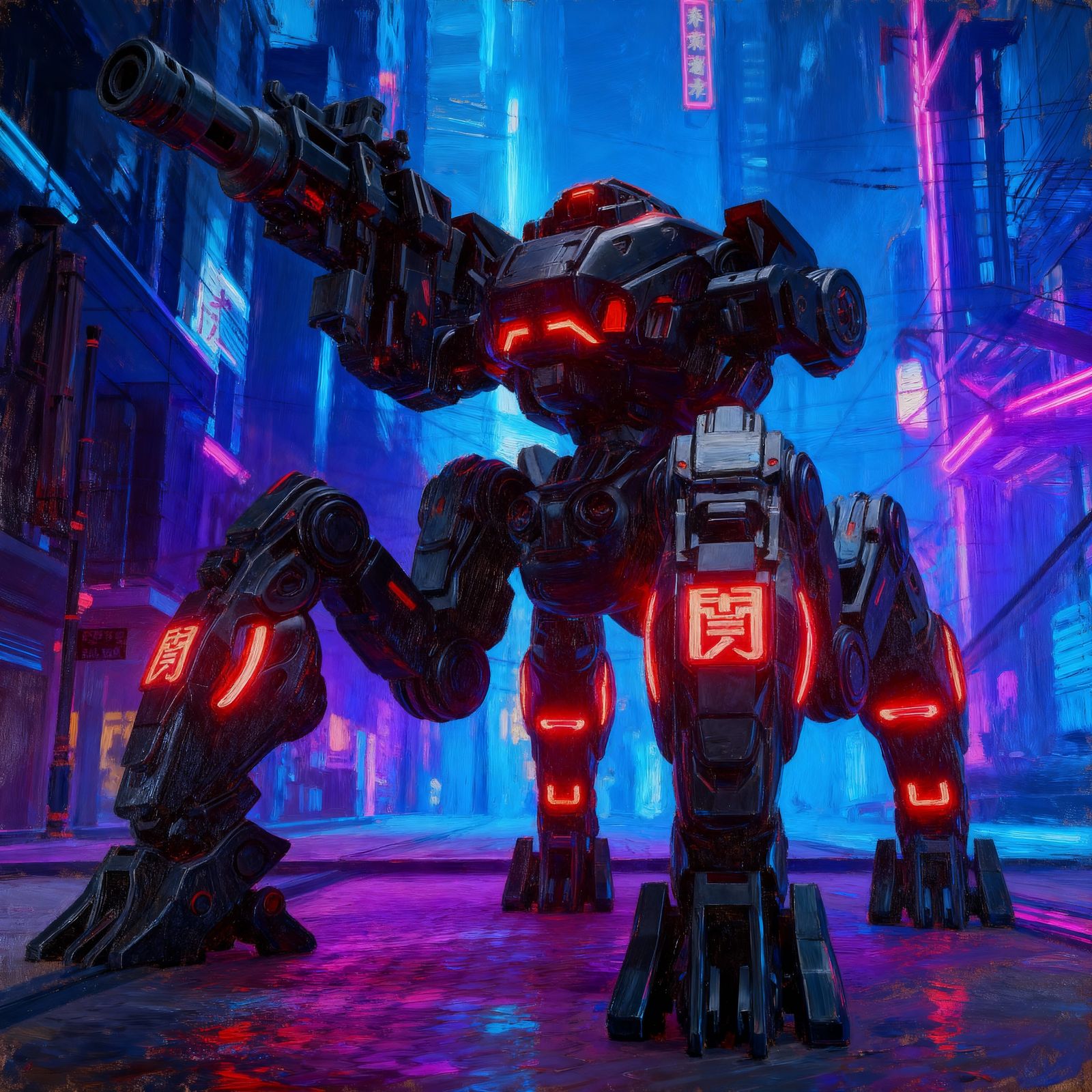 Cyberpunk Mech Guarding Neon City Alley