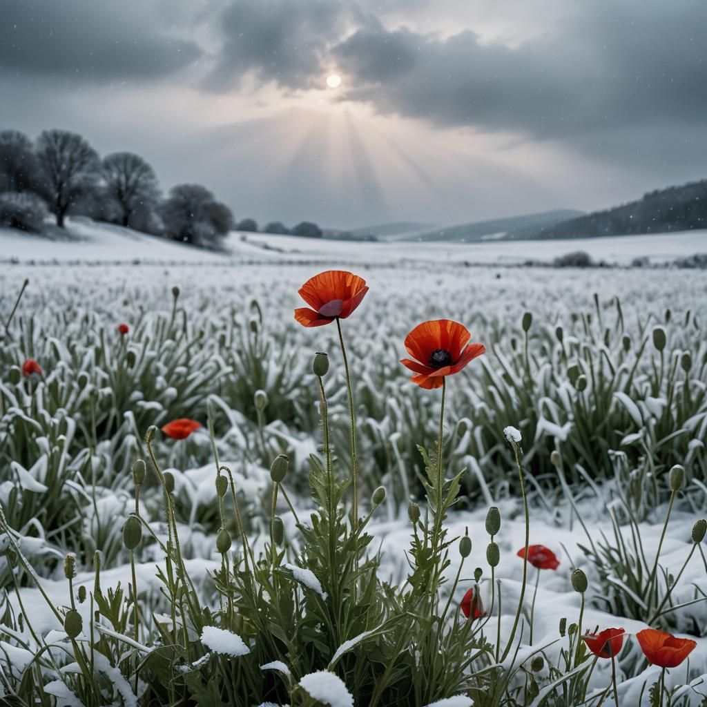 Red Poppy Blooms Defiantly in Snowy Field