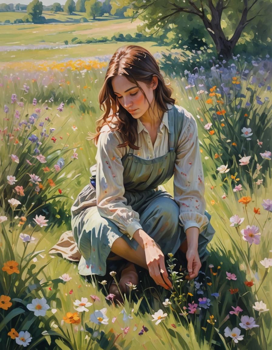 Impressionist Woman Picking Flowers in Meadow