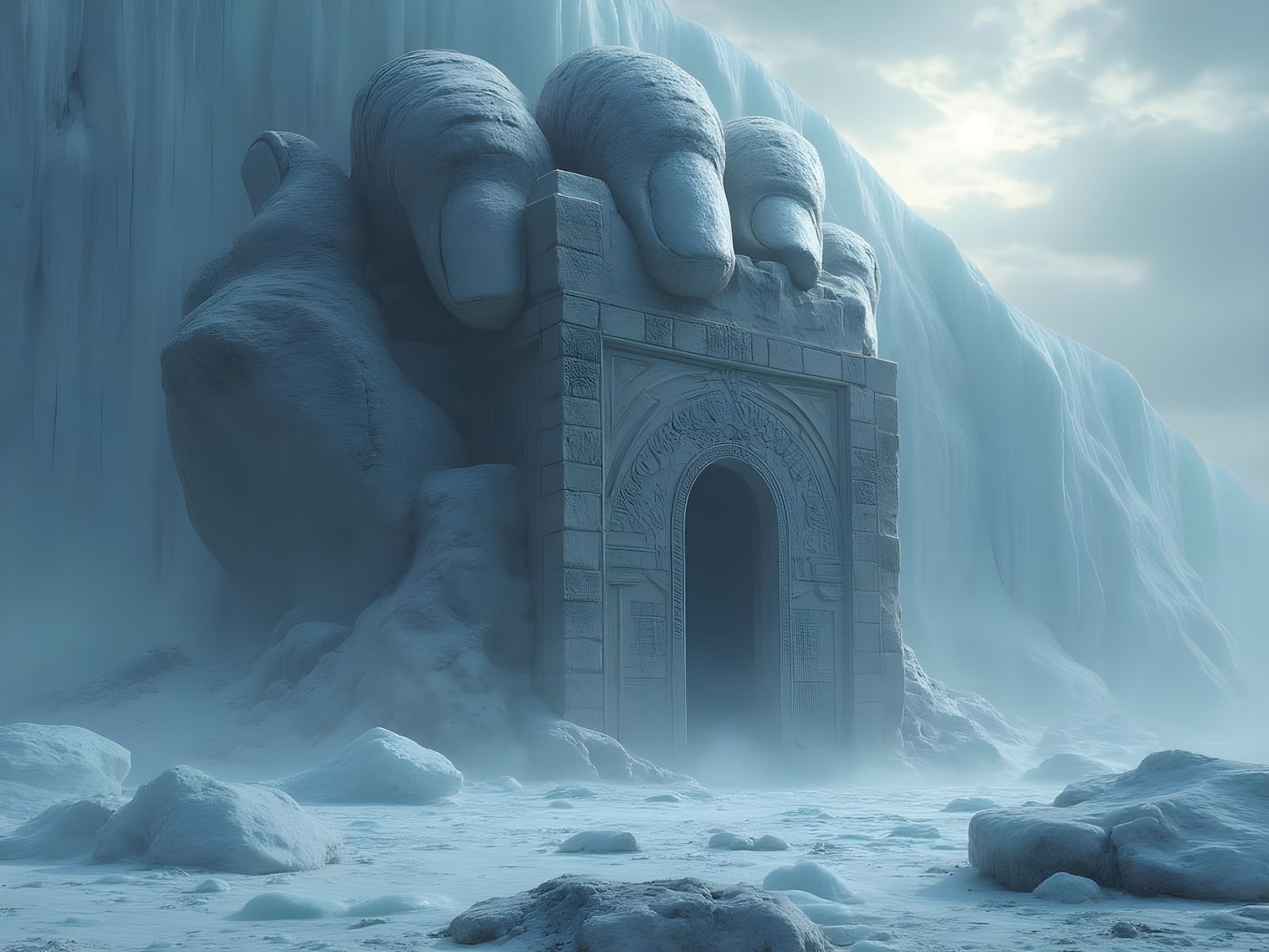 The stone hand of a fallen giant  statue jut out of the anta...