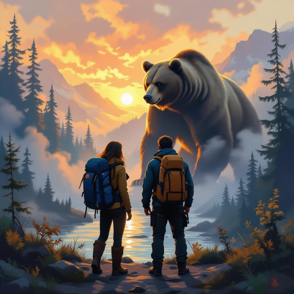 Couple's Tense Encounter with Grizzly Bear in Art Nouveau St...