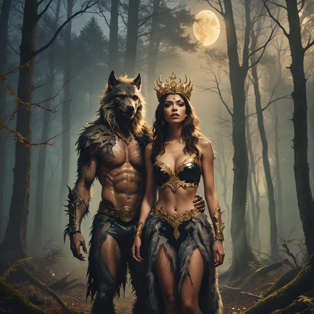 werewolf with furry woman torso wearing full body leather br...
