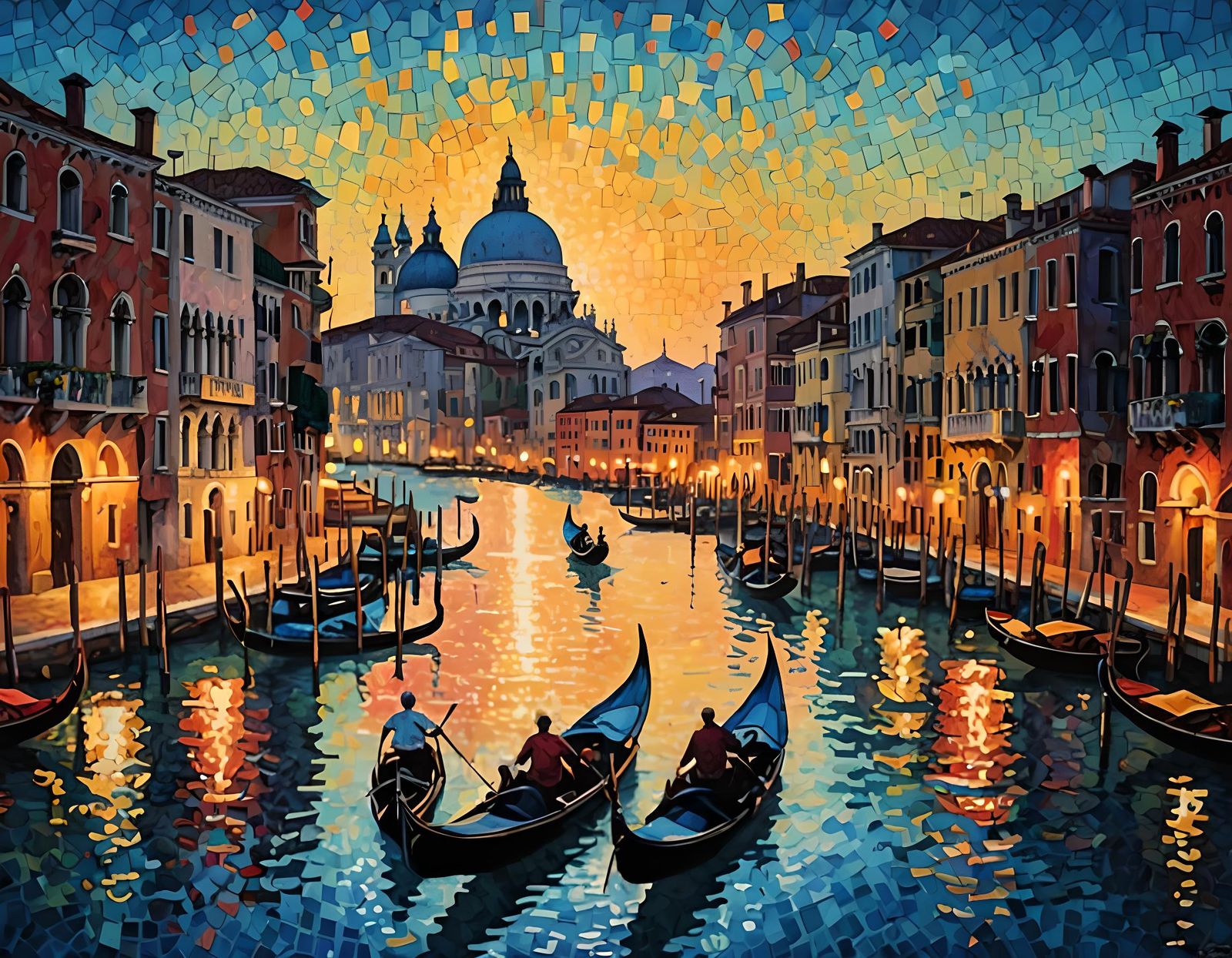 Venice Gondolas in Pointillist Painting Style