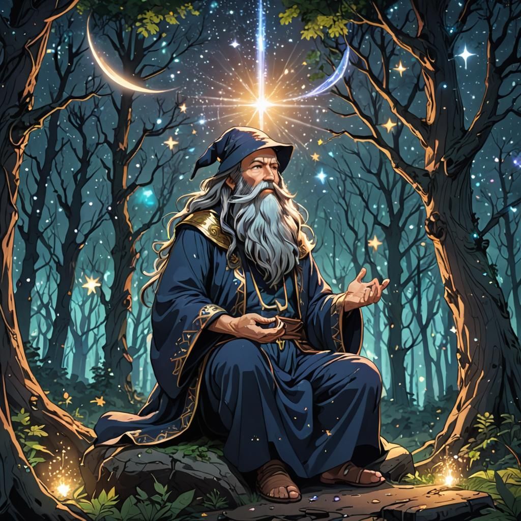 Mystical Wizard Meditating in Forest, Cel-Shaded Anime Art