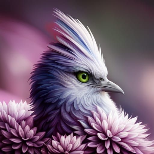 Cute Blue Bird with Fractal Flowers in Pixel Art