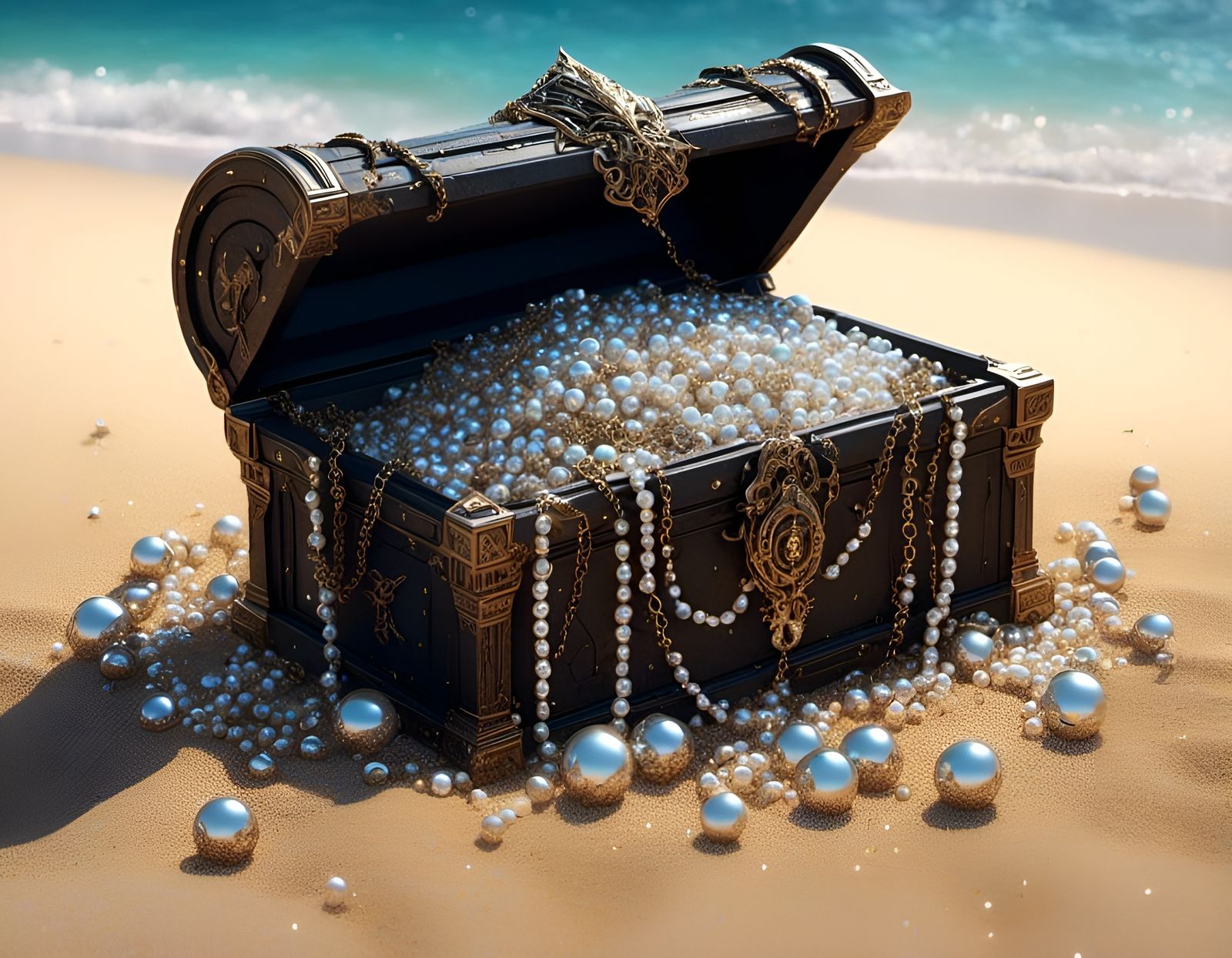 Opulent Treasure Chest Filled with Pearls on Beach