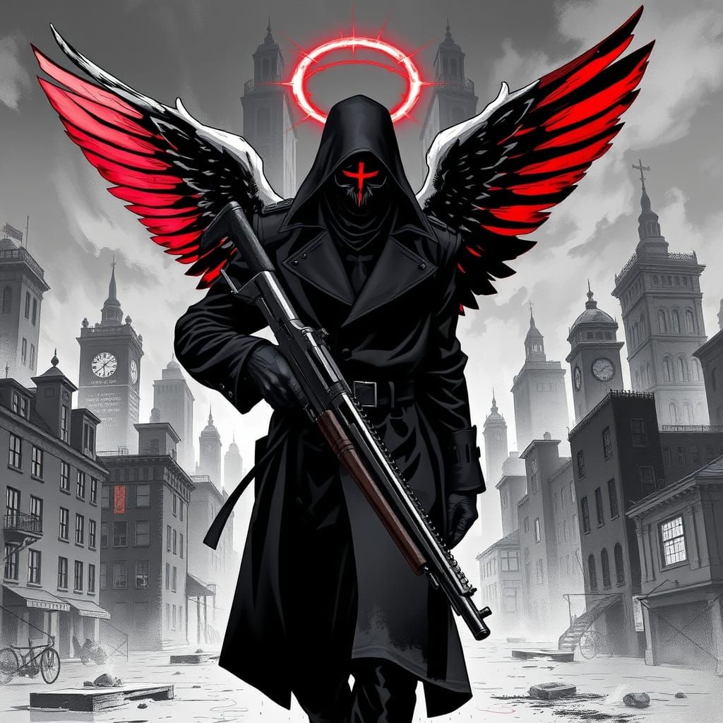 Fallen Angel Judge in Noir Comic Style