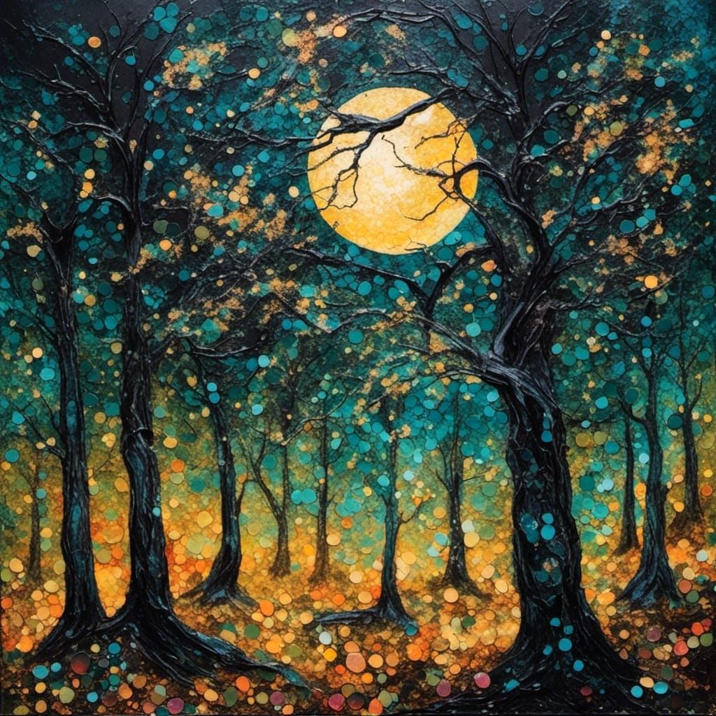 Ethereal Pointillist Forest at Night in Van Gogh Style