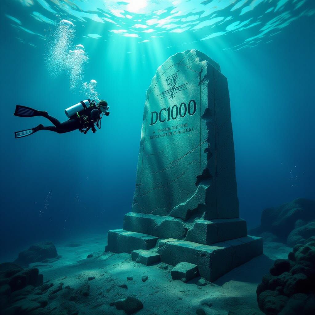 Diver and Sunken Monument in Dark Fantasy Style
