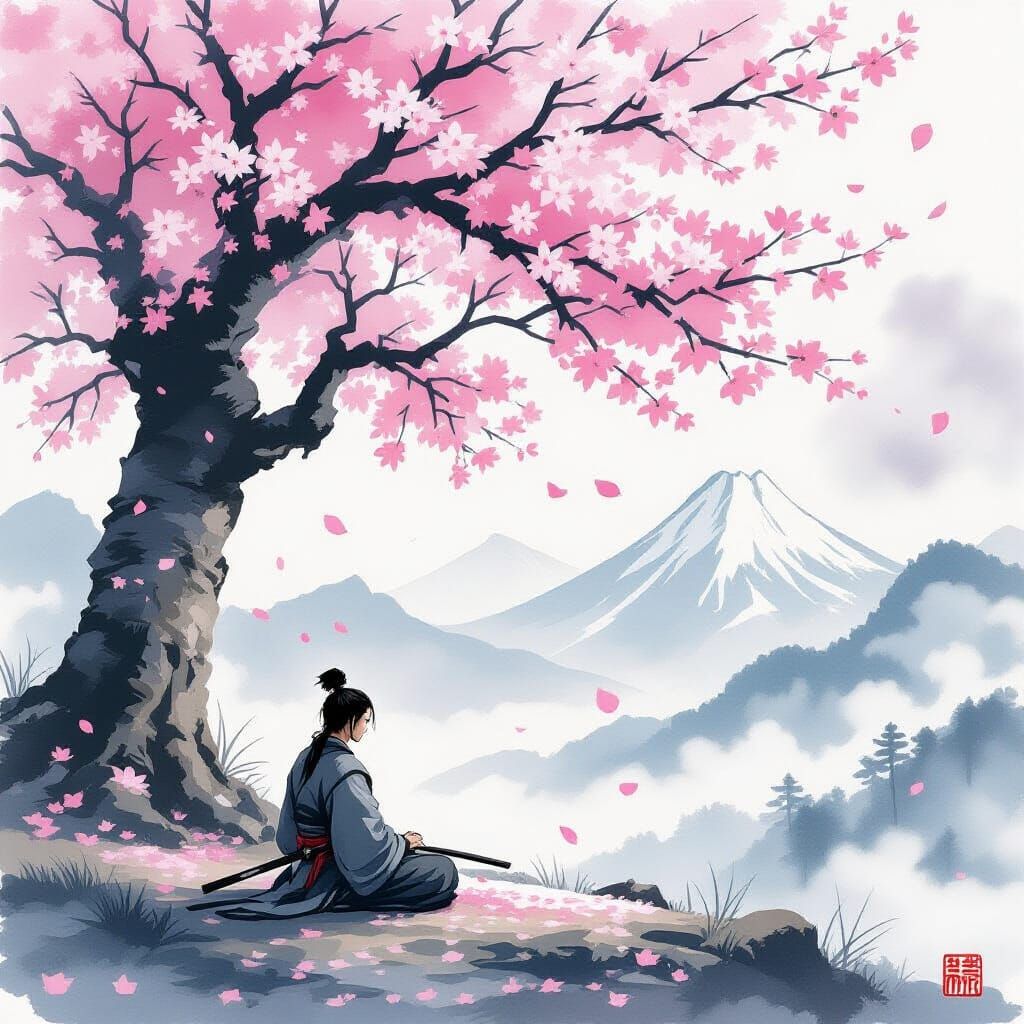 Samurai Meditating Under Cherry Blossoms in Sumi-e Style