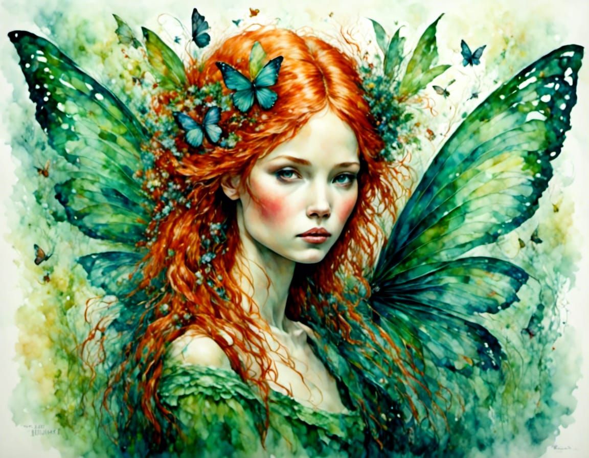 Red-Haired Fairy Portrait in Watercolor Style