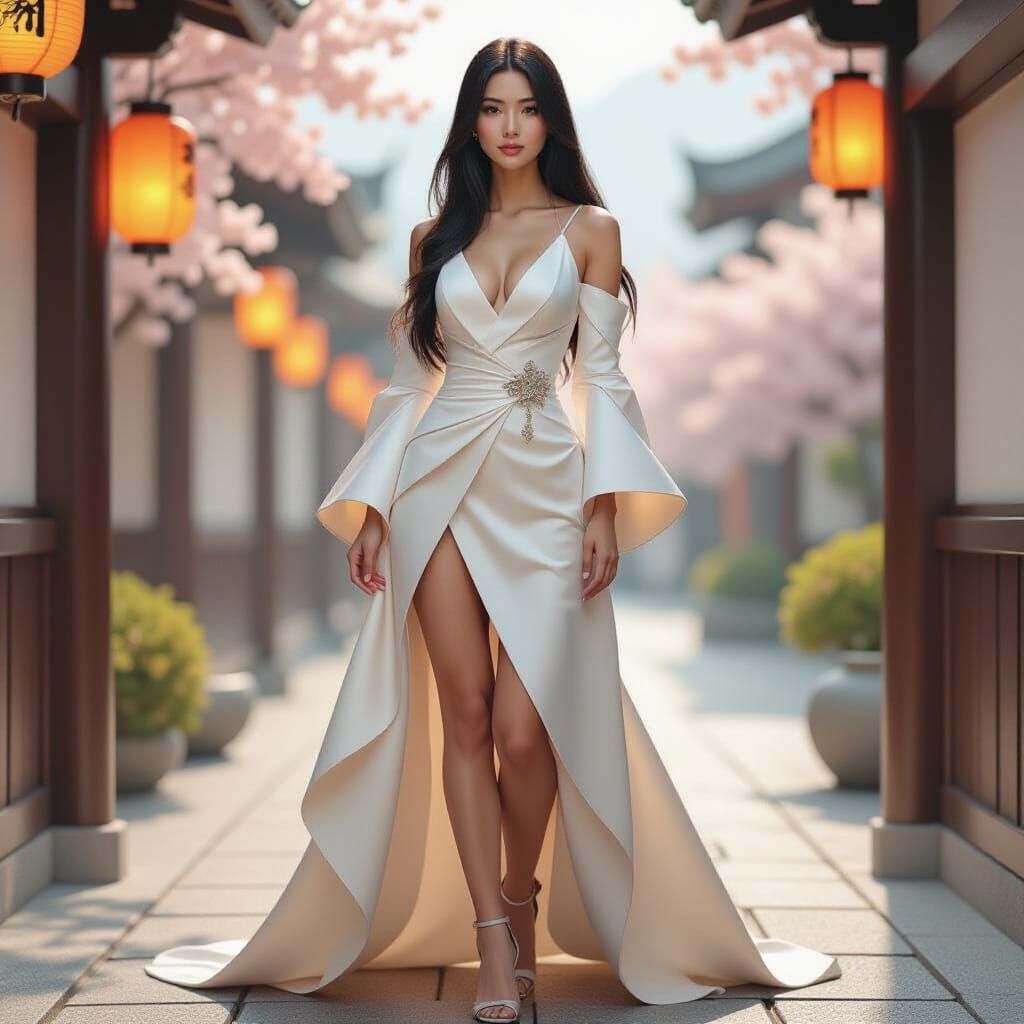 Origami Dress on Japanese Woman in Digital Art Style