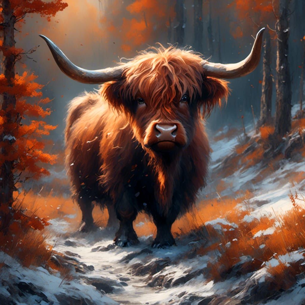 Fluffy Highland Cow: Detailed Oil Painting