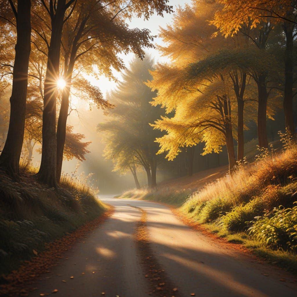 Autumn Landscape with Winding Road and Peaceful Park