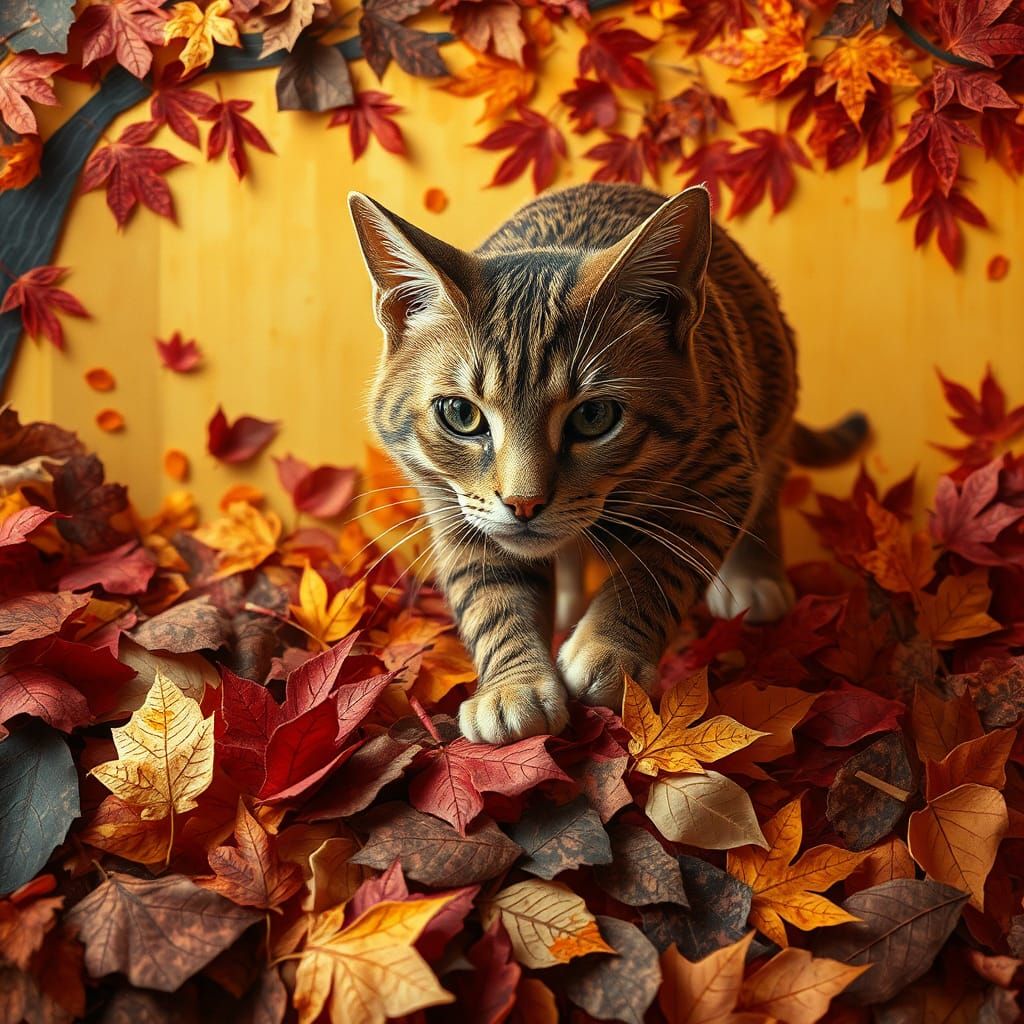 Paper Collage Cat Pouncing in Autumn Landscape