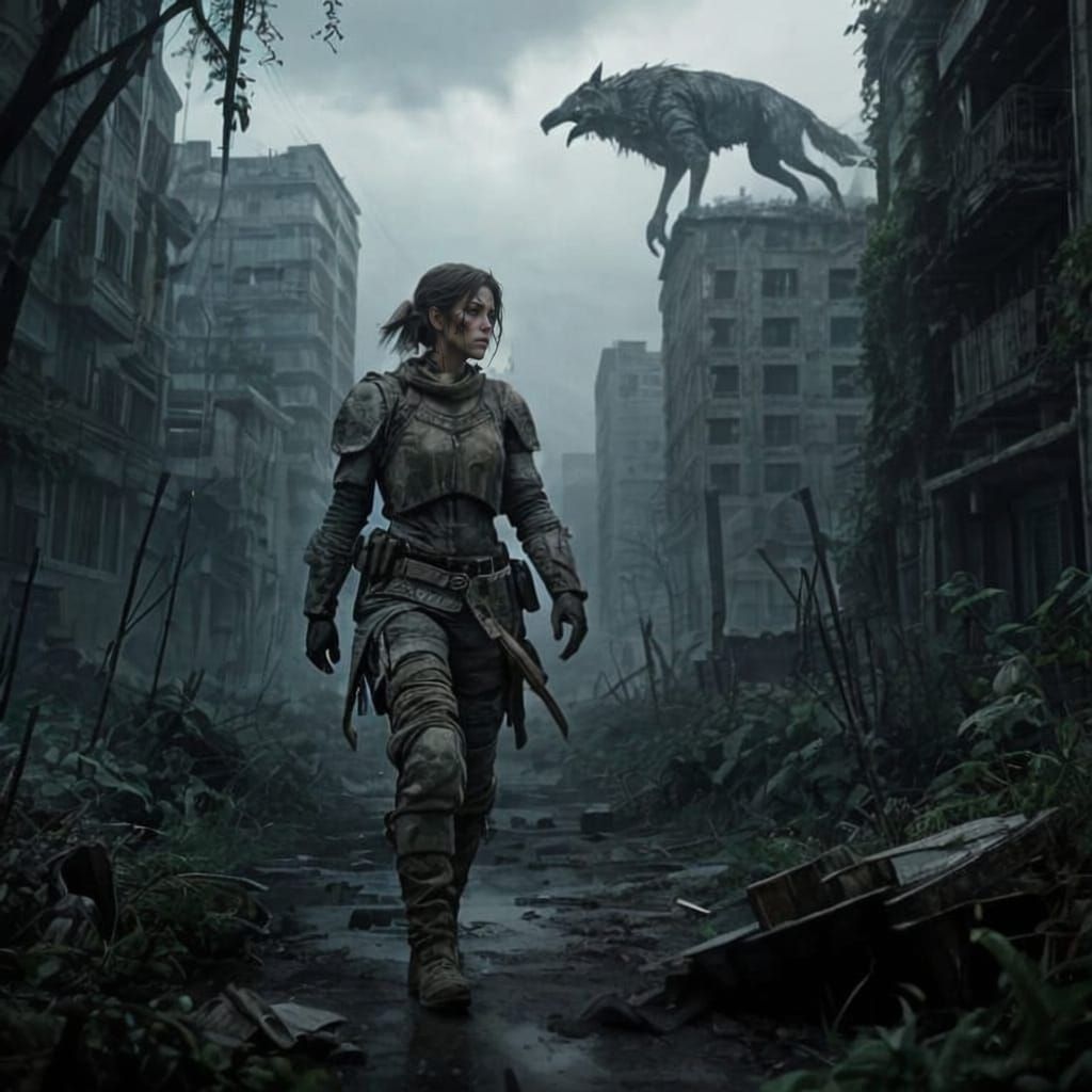 Lone Soldier Girl in Overgrown Post-Apocalyptic City