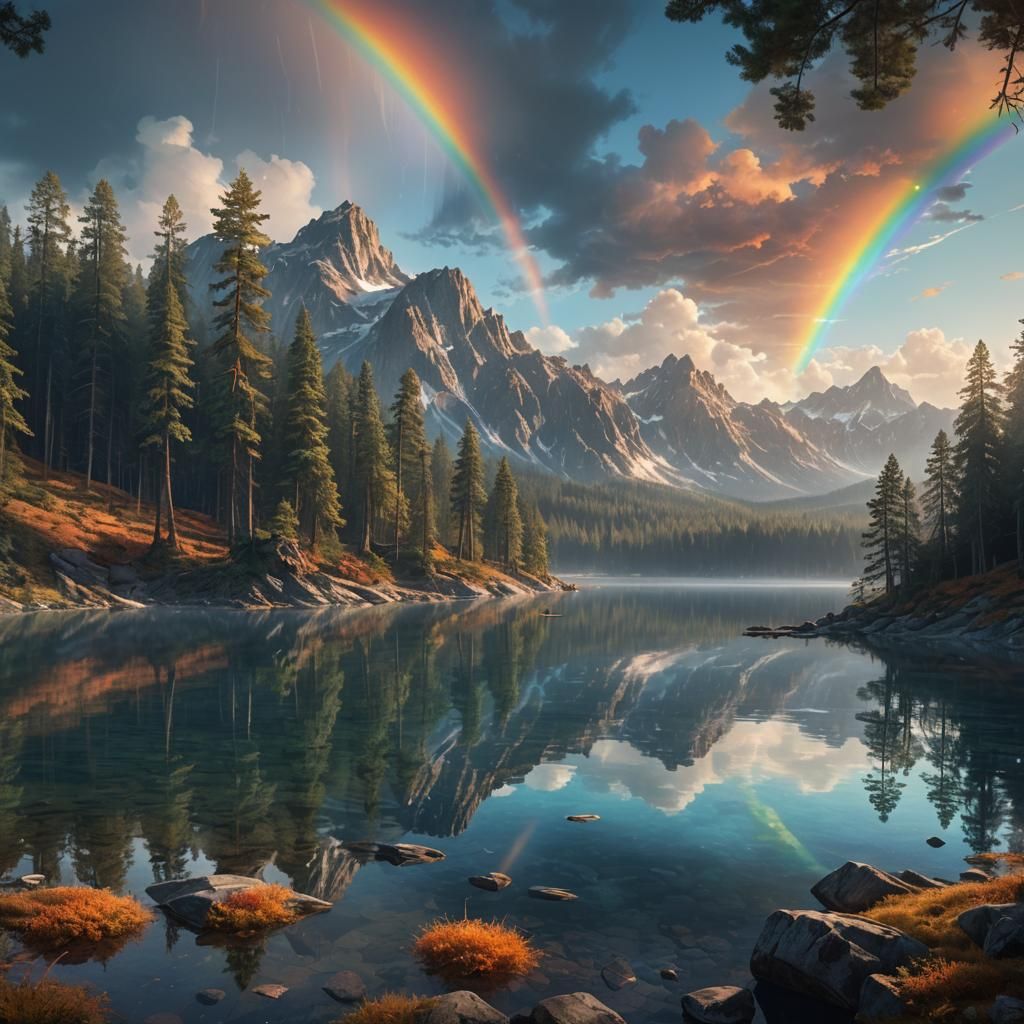 Rainbow Lake: Fantasy Landscape in Digital Art Style