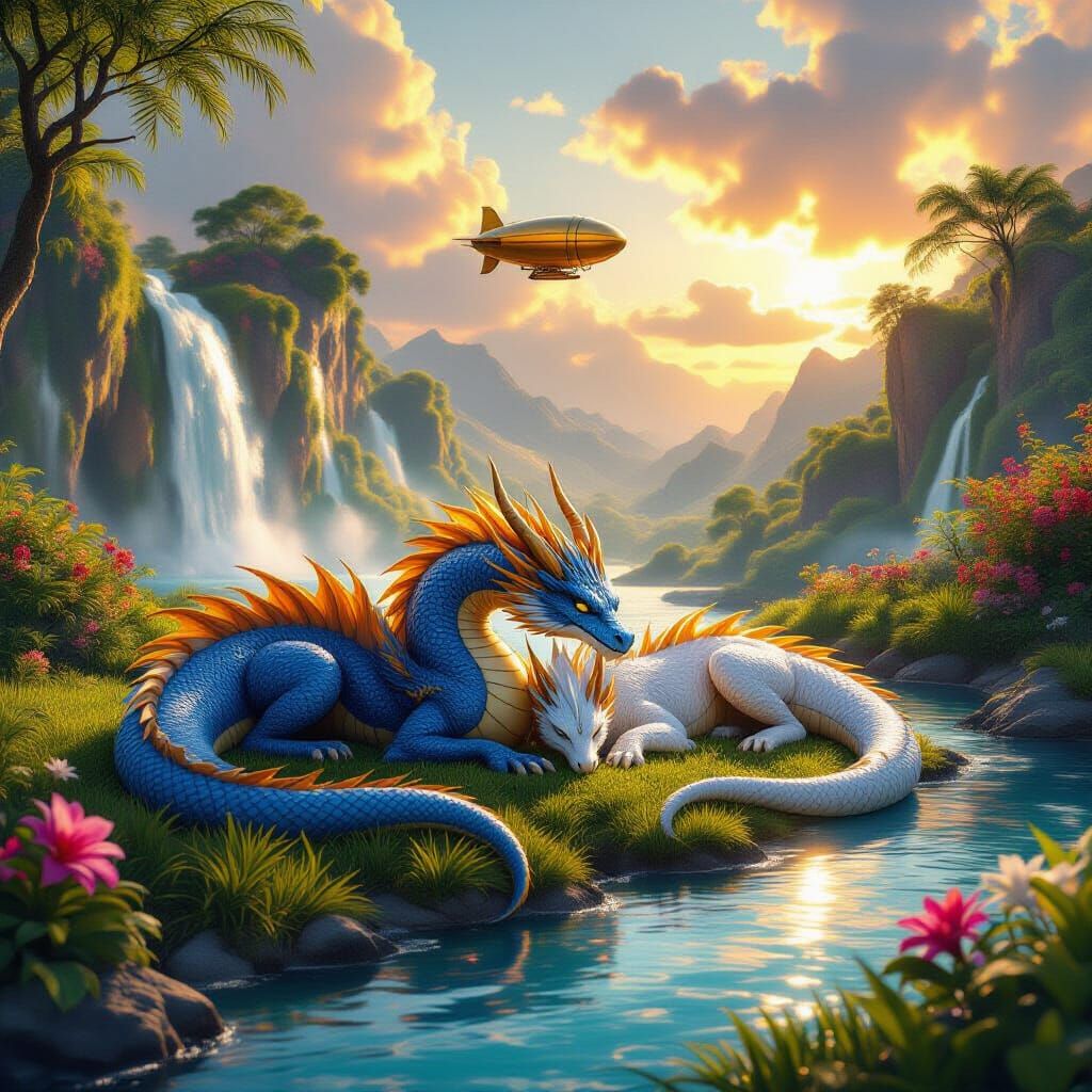 Blue and Gold Dragon Sleeps Beside White Dragon at Sunset