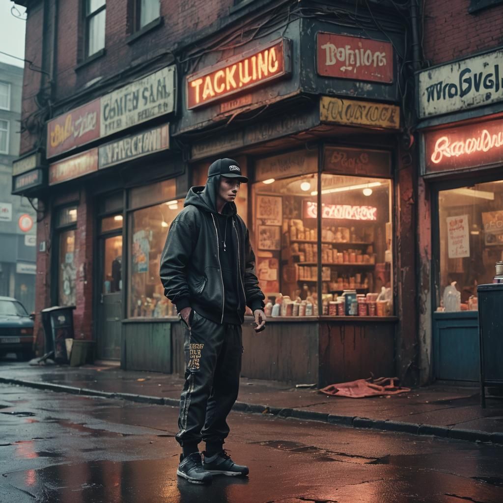 Menacing Chav in Grimy Urban Scene