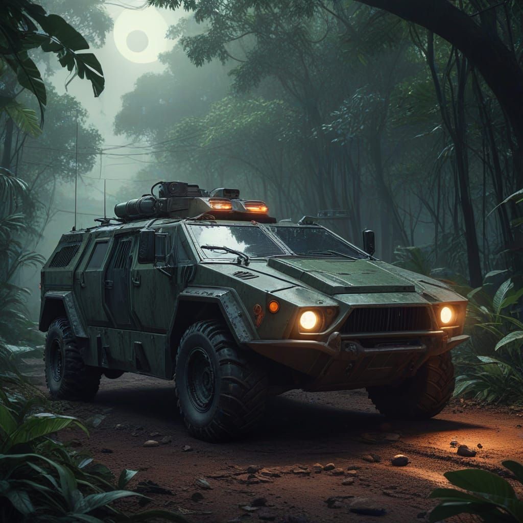 Futuristic Armoured Car in the African Jungle Under Full Rou...