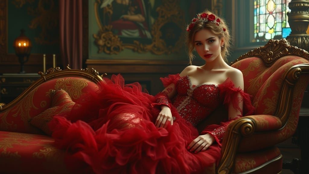 Victorian Woman in Red Gown on Chaise Lounge