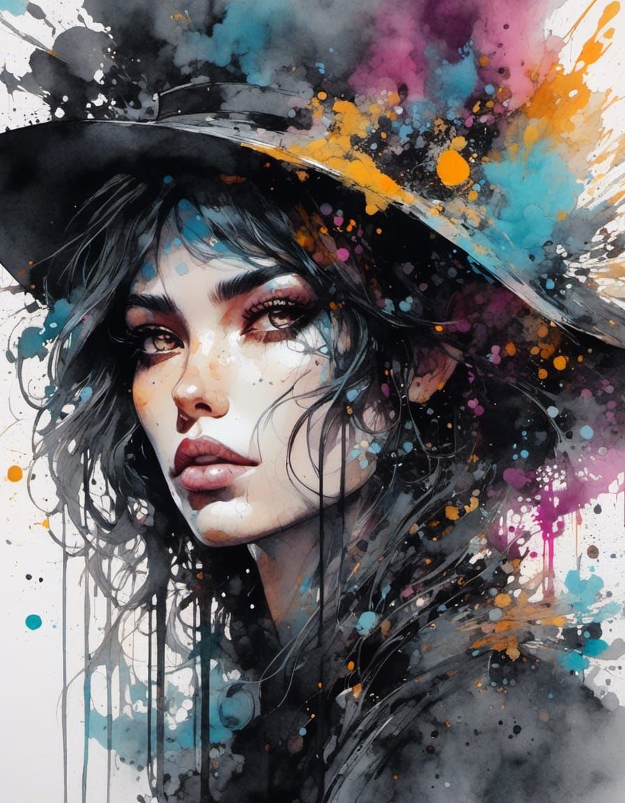 Muted Colorful Witch Woman in Cyberpunk Style