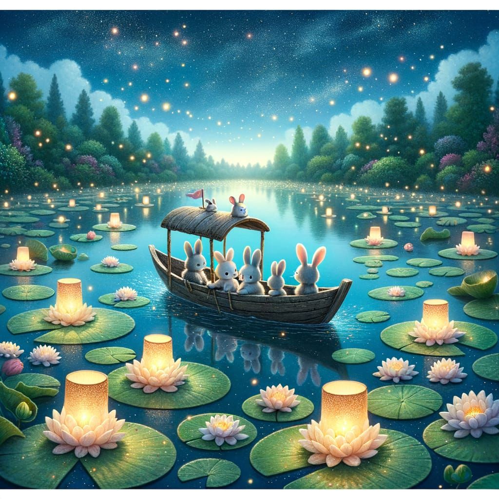 Magical Night Scene with Bunnies on Starry Lake