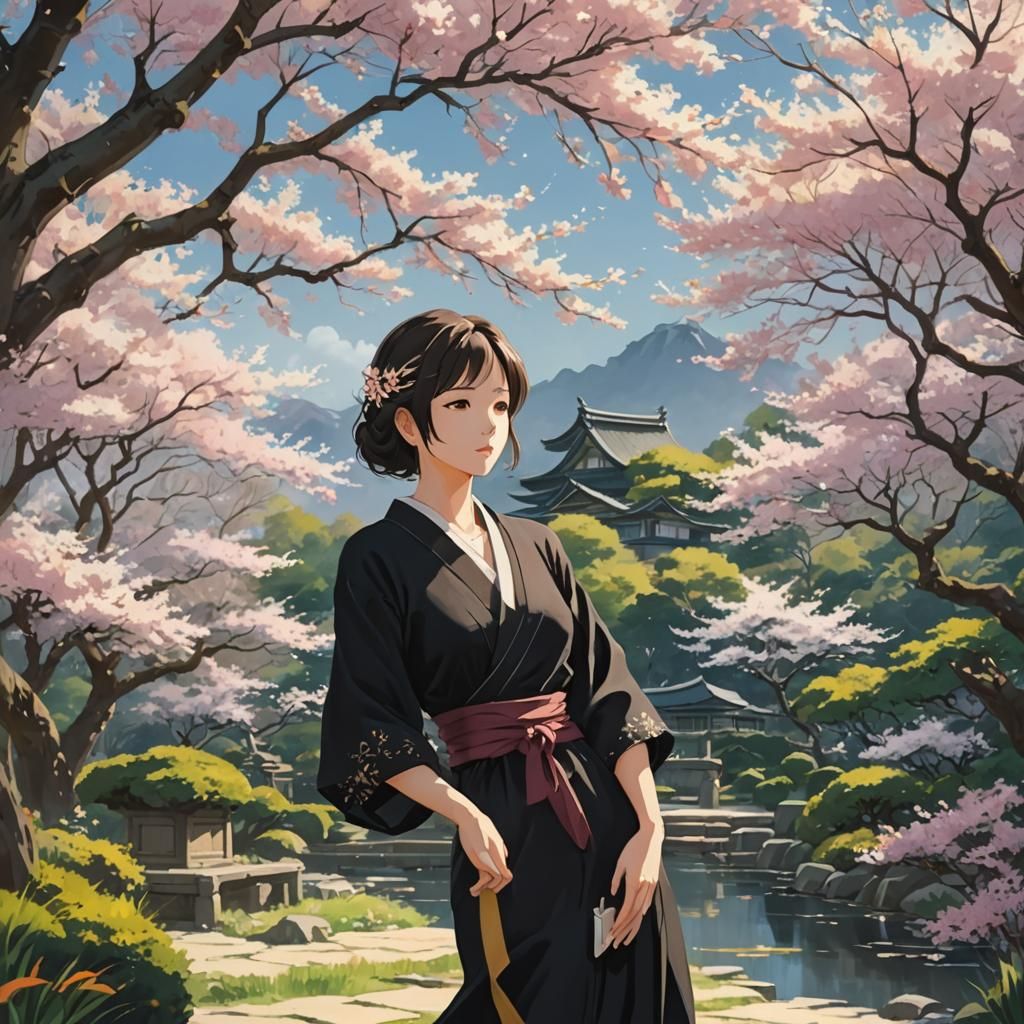 Woman in Japanese Garden, Makoto Shinkai Anime Style
