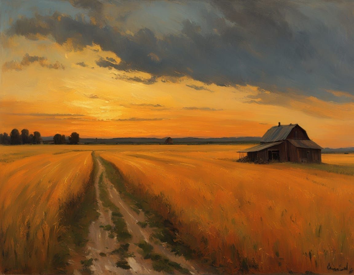 Idyllic Farm at Dusk in Levitan Style