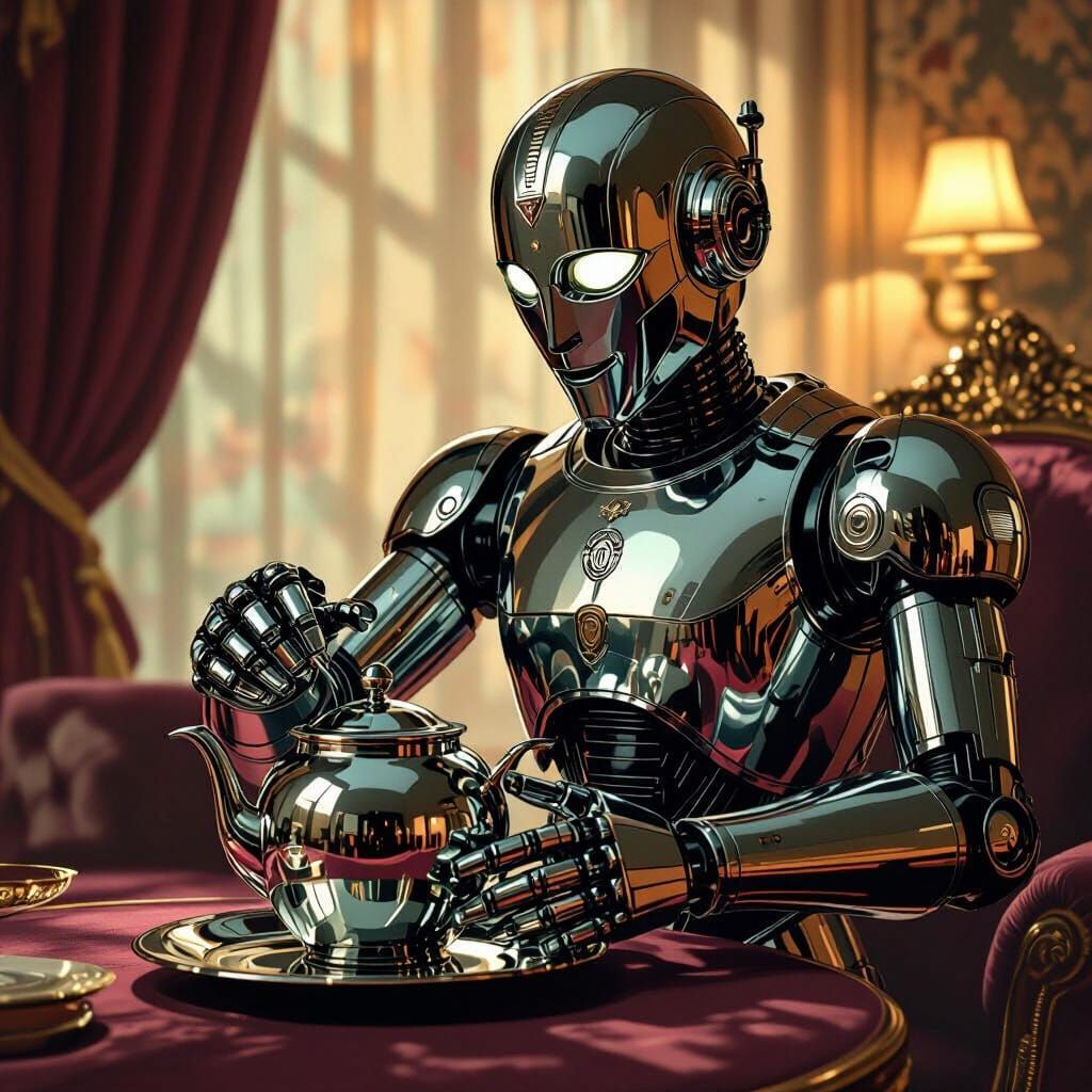 Art Deco Robot Butler Polishing Teapot in Moody Parlor