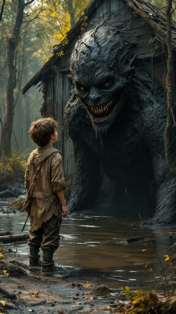 Boy Encounters Mud Creature in Dark Fantasy Swamp