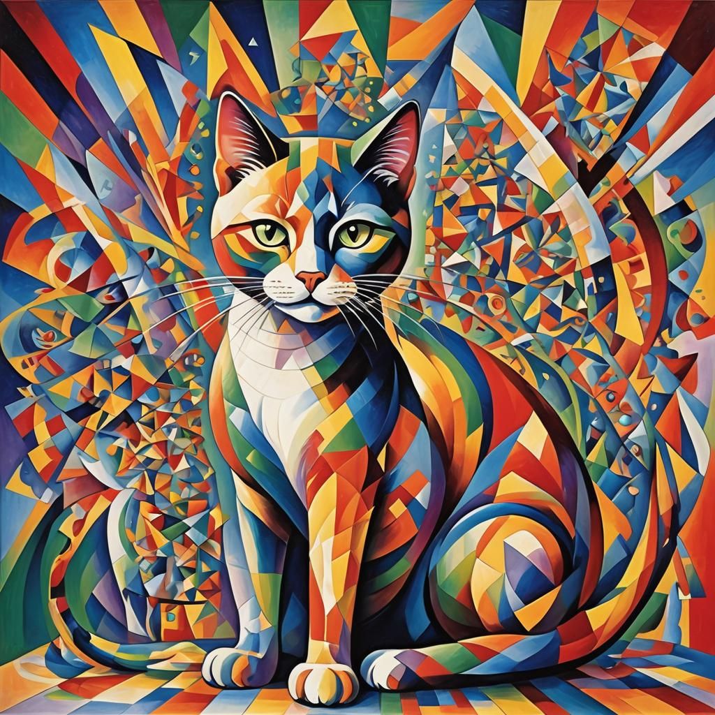 Abstract Rainbow Cat in Cubist Style