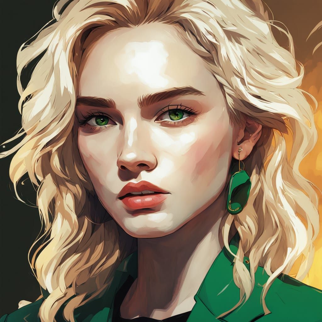 Green-Eyed Woman in Emerald Blazer: Anime-Style Portrait